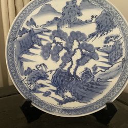 Antique Japanese blue and white porcelain charger plate With Stand