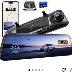 Pelsee S12 Native 4K + 2.5K Rear View Mirror Camera, Mirror Dash Cam w/ 8MP Sensor, Telephoto Lens, Color Night Vision, WiFi 6 30MB/s Download, GPS, 6