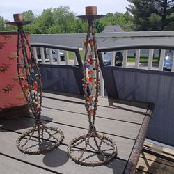 Set (2) Pillar Pedestal Candle Holders Metal Wrought Iron Wire Glass Beads    Set Of 2 