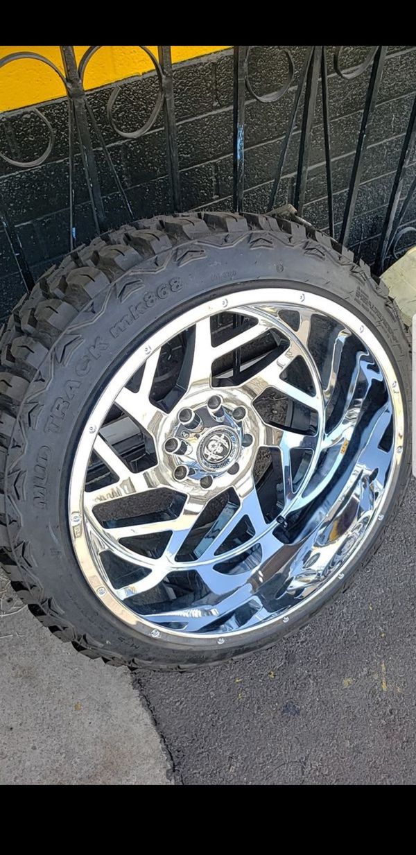 24x14 Chrome hardcore offroad rims 8 lug 8x170 whit New MUD tires 35