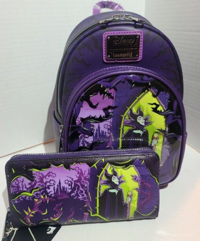 Disney Loungefly Maleficent Window Box Glow Backpack And Wallet Included Exclusive 