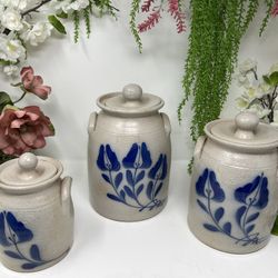 Salmon Falls Stoneware Canister Set – Hand-Painted Blue Floral 1996 – Dover, NH