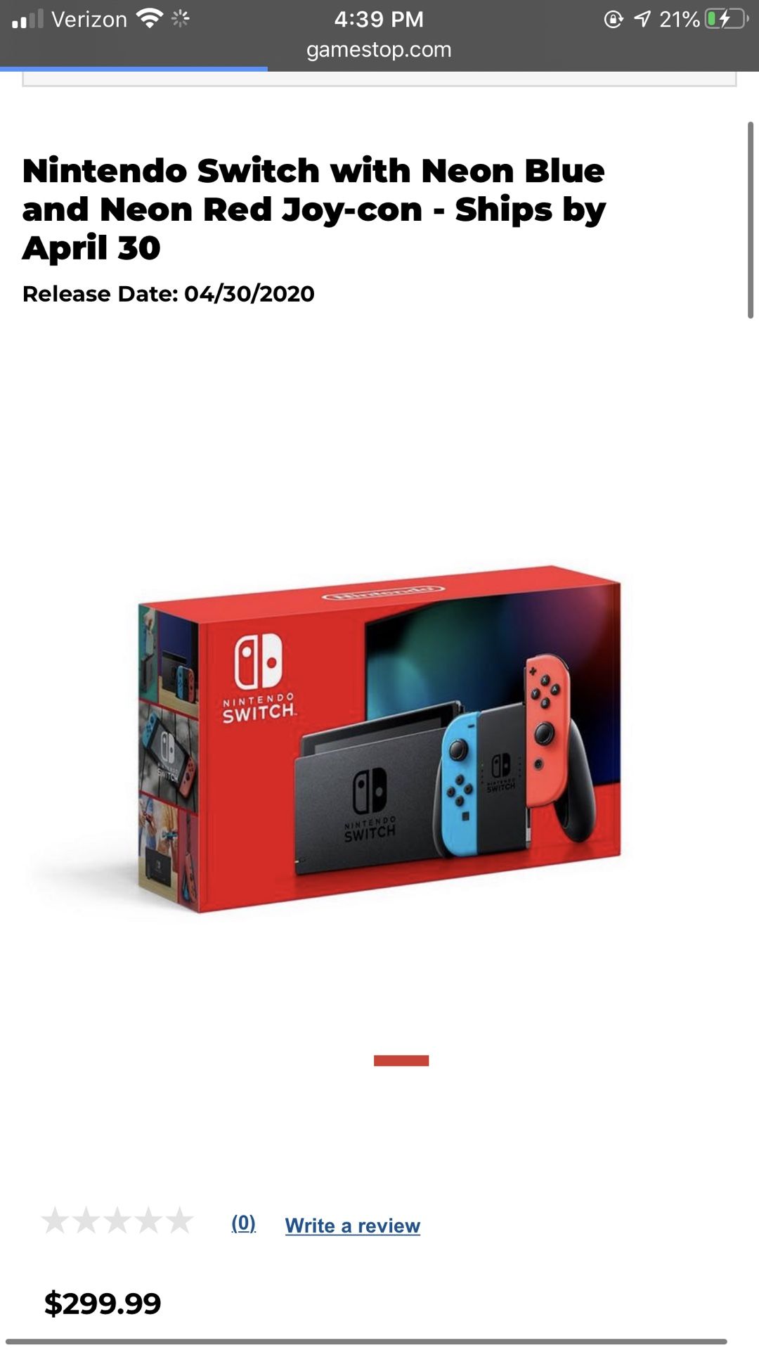 Nintendo Switch with Neon Blue and Neon Red Joy-con