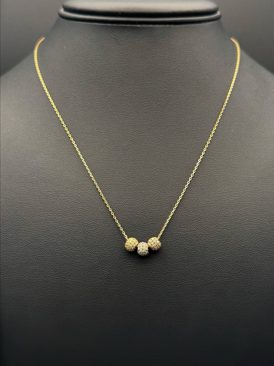 10k solid yellow gold 3 tone balls CZ stones charm necklace 17” chain