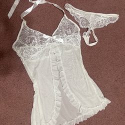 New large white short teddy lingerie set panty Ruffle babydoll bodysuit sheer