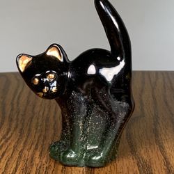 Vintage FENTON Art Glass Paperweight Black HP Gold Face SCAREDY CAT Figurine