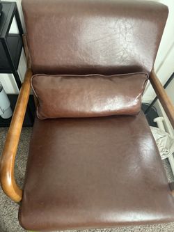 Brown Faux Leather Accent Chair with Wood Arms