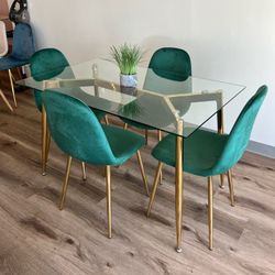 Emerald Green Gold Modern Velvet Glass Dining Set 