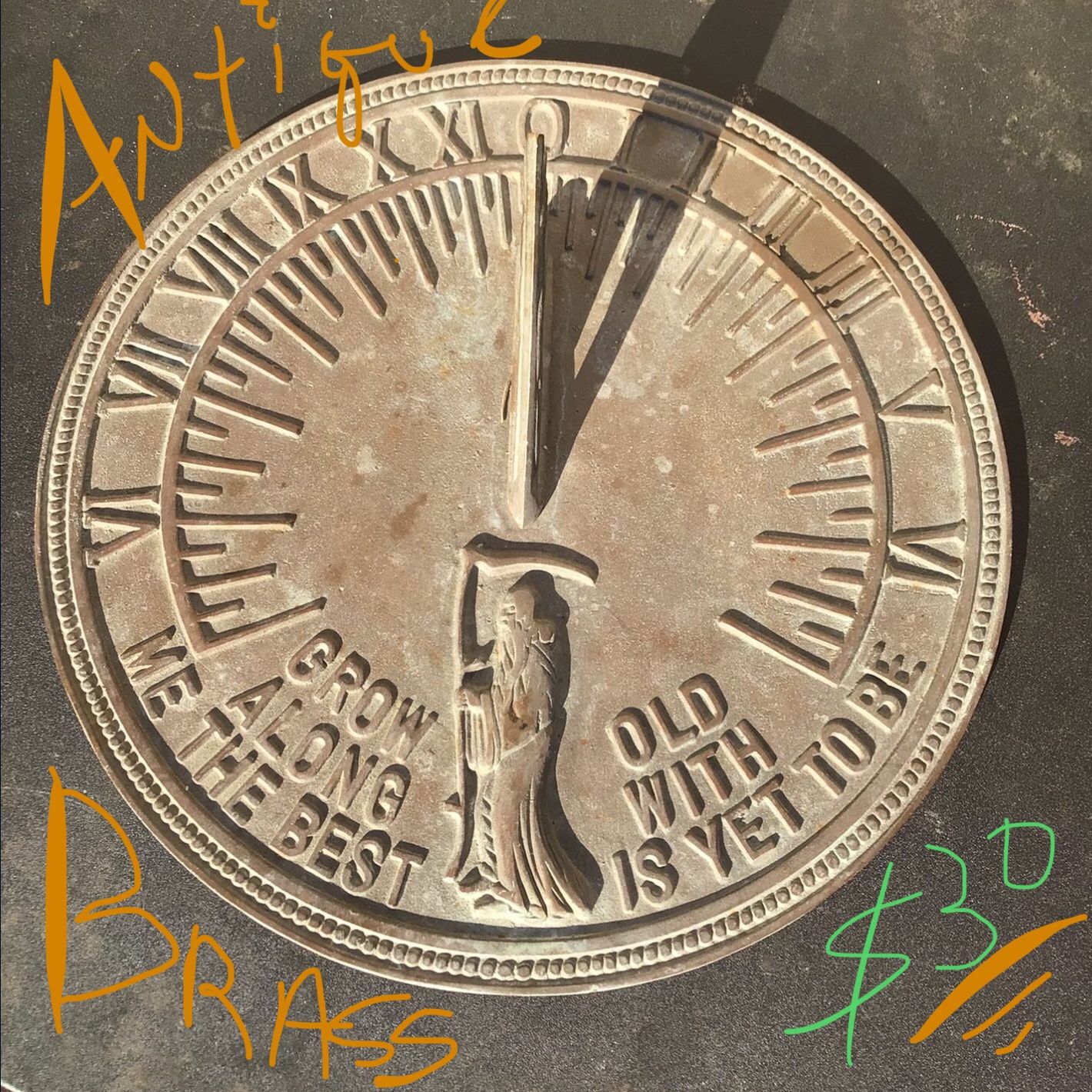 ANTIQUE BRASS WEATHER SUN DIAL Flora & Fauna Compass Clock Roman Numeral Father Time Grim Reaper Sparrow Garden Man Cave Decoration