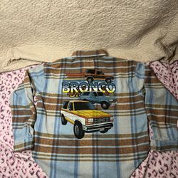 Ford Official Licensed Shirt Men's M Bronco Blue Brown Plaid Fleece Flannel