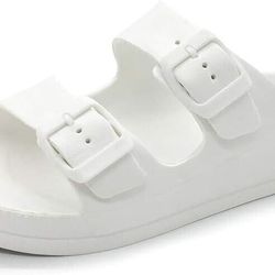 Funkymonkey Womens White Comfort Slides Double Buckle Adjustable Flat Sandals 9M