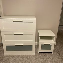White IKEA 3-Drawer Dresser + Matching Nightstand Set