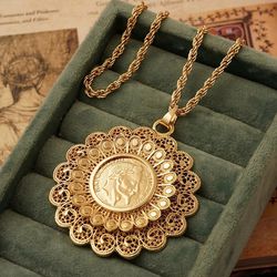 ROUND OTTOMAN  TOTEM TURKISH COIN PENDANT LIRA **24KT.**57.5GR. GOLD PLATED 