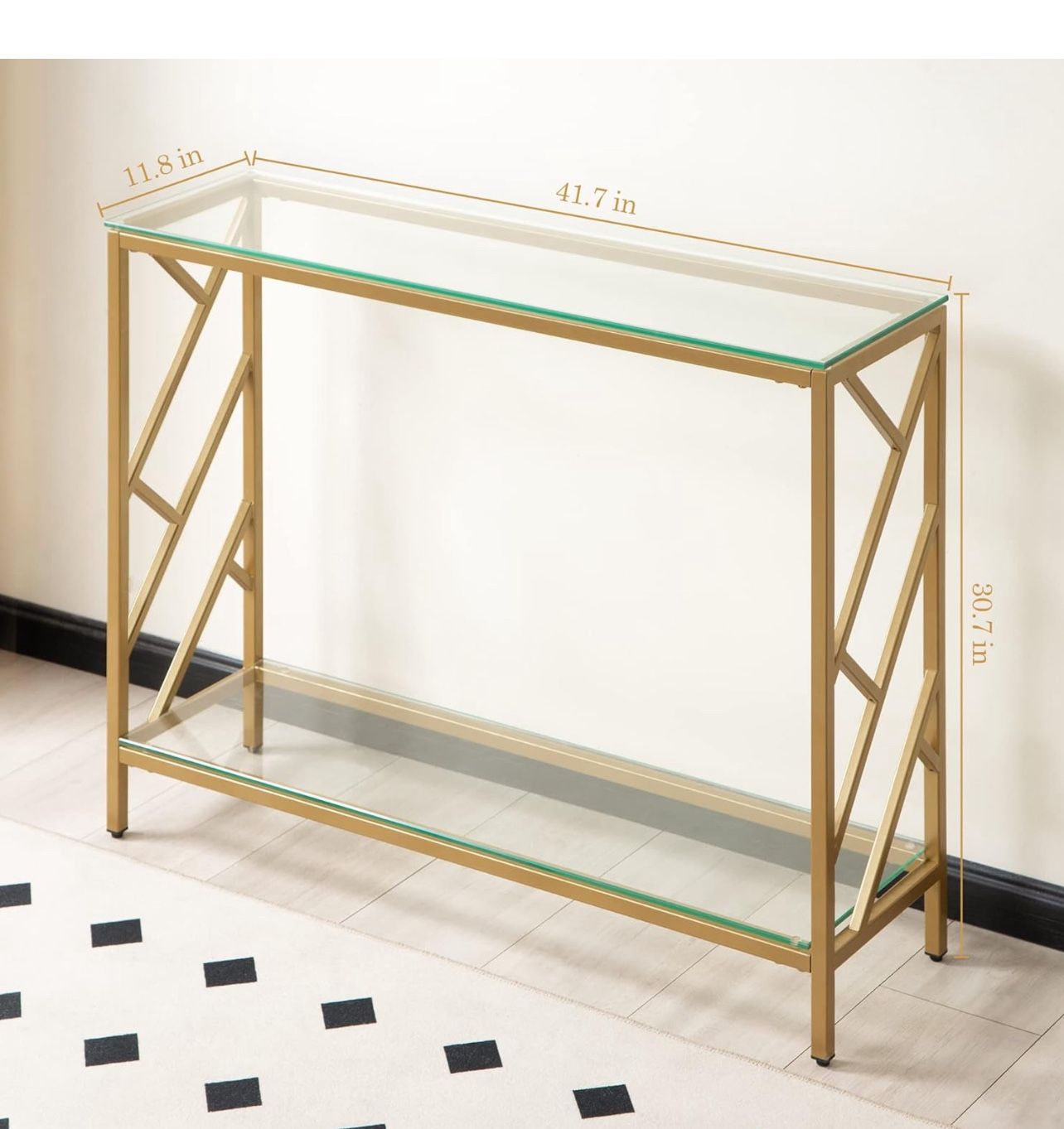 Geometrical gold accent console table with glass