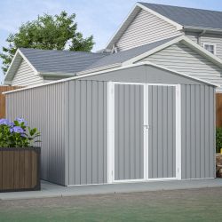 10 x 12 ft. Outdoor Storage Shed with Floor Frame Kit, Galvanized Steel Garden Shed, Metal ShedsGarden Tool Shed with Double Lockable Doors for Backya