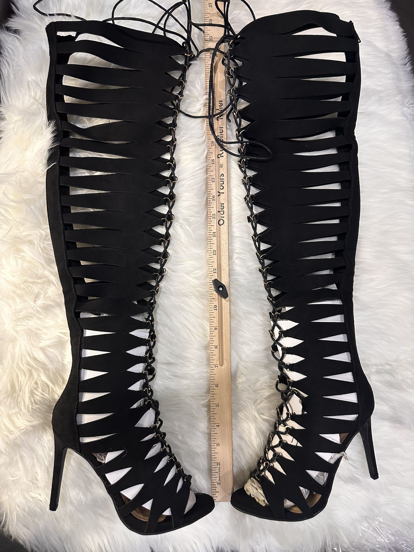 New/Box: Anne Michelle Black Over the Knee Lace-Up Boots; Y2K; cosplay; goth