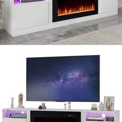 Modern TV Stand with LED Lights & Electric Fireplace – Like New