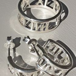 Matching Roman Numerals Silver Earrings And Size 8 Ring
