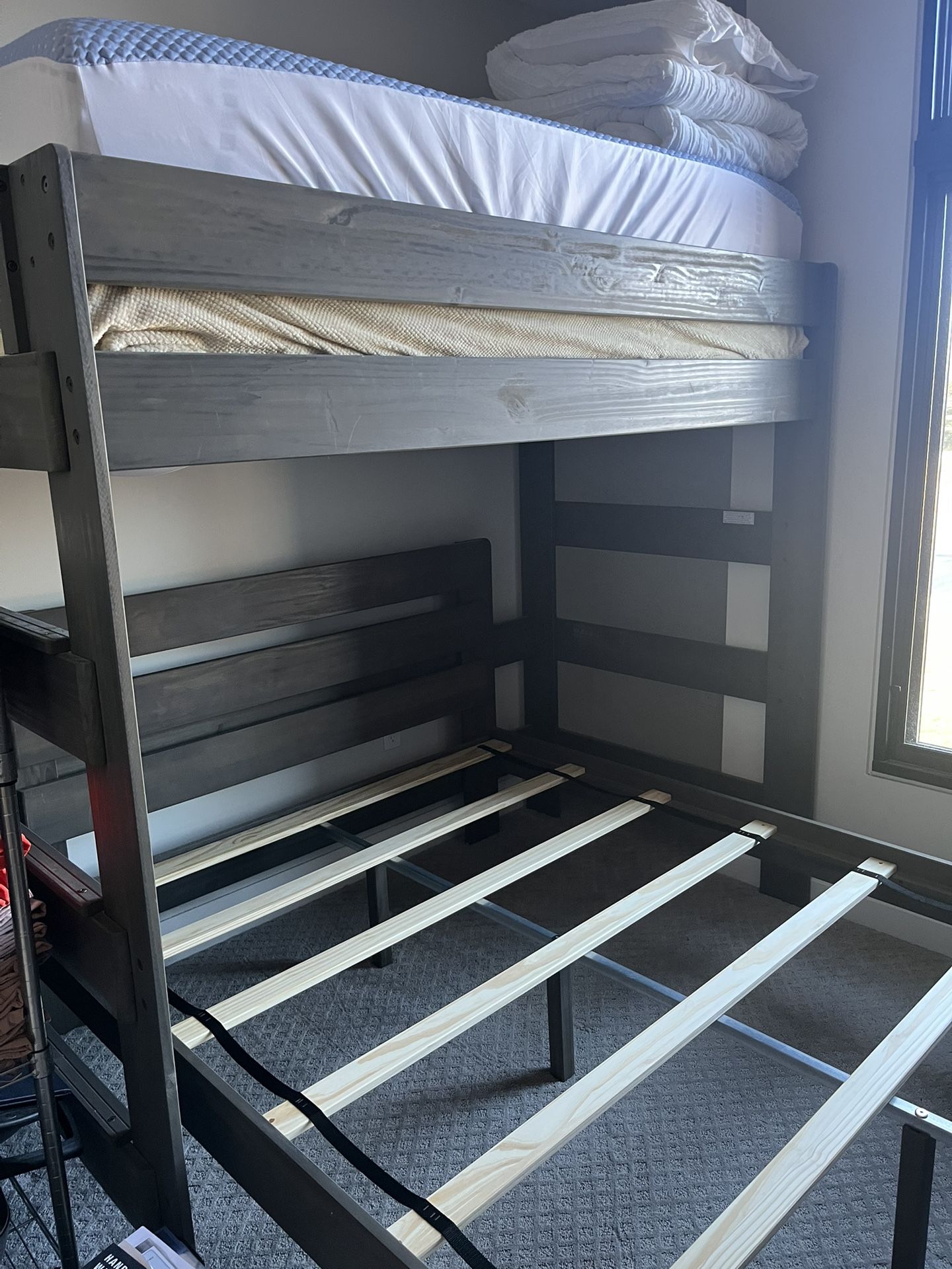 Twin Over Queen bunk bed frame - solid wood gray - Like new