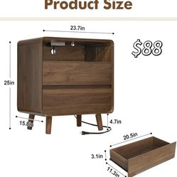 😀 1Pcs Night Stand with Charger Station, Mid Century Modern Nightstand with 2 Drawers, Wood Bedside Table for Bedroom, Curved Beveled Design, Walnut