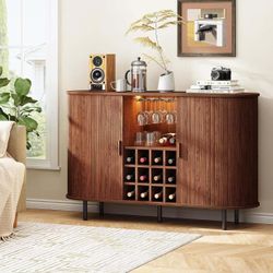 55" Wine Bar Cabinet with LED Light,Modern Liquor Whiskey Coffee Station with Wine Rack and Glass Holder, Farmhouse Buffet Sideboard with Storage for 