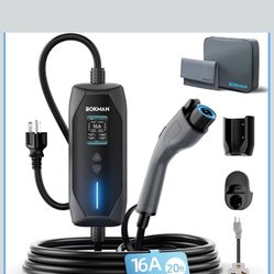 bokman Portable Level 2 & Level 1 EV Charger (240V, 16A), 20ft Cable and NEMA 6-20 Plug and NEMA 5-15 Adapter for Household Socket, Current Adjustable