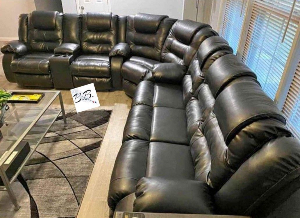 Black Reclining Sectional Sofa Couch With Cup Holders, Storage Console| Pull Tab Reclining Motion| Red, Brown Color Options| Brand New Living Room 💥