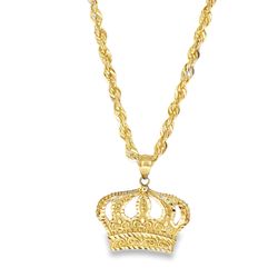 10k Yellow Gold Rope Chain Necklace with Crown Pendant