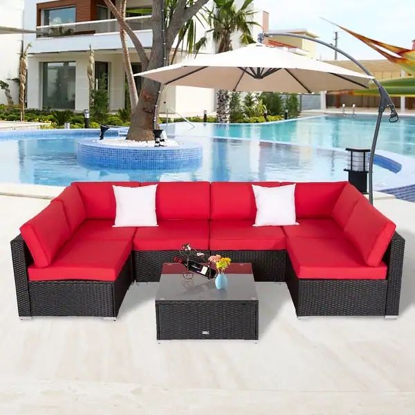 Kinsunny Outdoor Sectional Sofa, All-Weather Patio Furniture Rattan Wicker Sofa Set, Cushioned Conversation Set, Red - 7-PIECE SECTIONAL