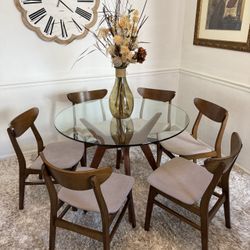Modern Round Glass Dining Table Set – Solid Wood Base + 6 Chairs