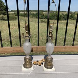 Lot of two Hollywood Regency style, MCM, milk, glass table lamps on Marvel base