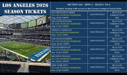 Chargers Tickets - Section 225 | Row 2 | Seats 1-4