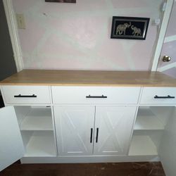 Modern White Storage Cabinet w/ Wood Top