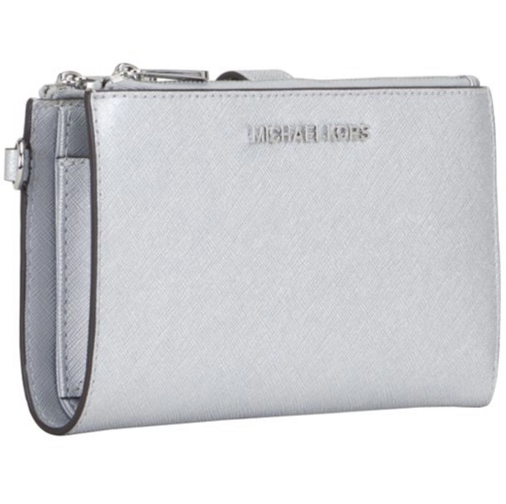 Michael Kors Silver Metallic Double-Zip Jet Set Travel Large Leather Wristlet