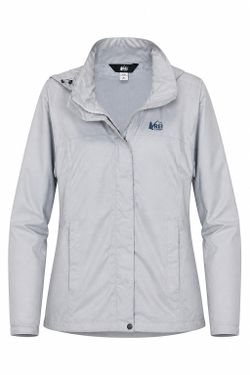 REI Co-op Rainier Rain Jacket Womens Medium Light Gray Hooded Waterproof Hiking