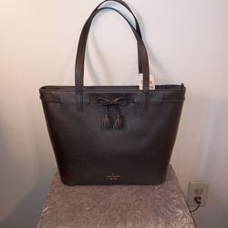 NWT, Kate Spade Black Pebbled Leather Tote Bag with Bow Detail WKRU6244