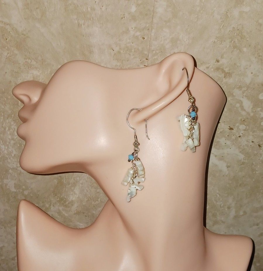 Vintage MOP Seahorses With Turquoise Swarovski Bicons And 925ss Earrings