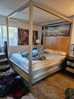 Queen canopy bed and mattress