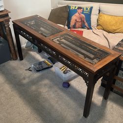 Carved Wooden Table with Glass Top