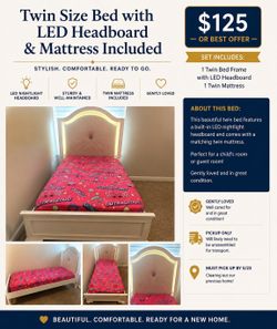 Twin Size Bed w/ LED Headboard + Mattress Included