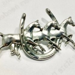1970s Brooch-Pin Horses Running Through Horseshoe 1.5” Long Metal Costume Jewelry Tie / Scarf Pin