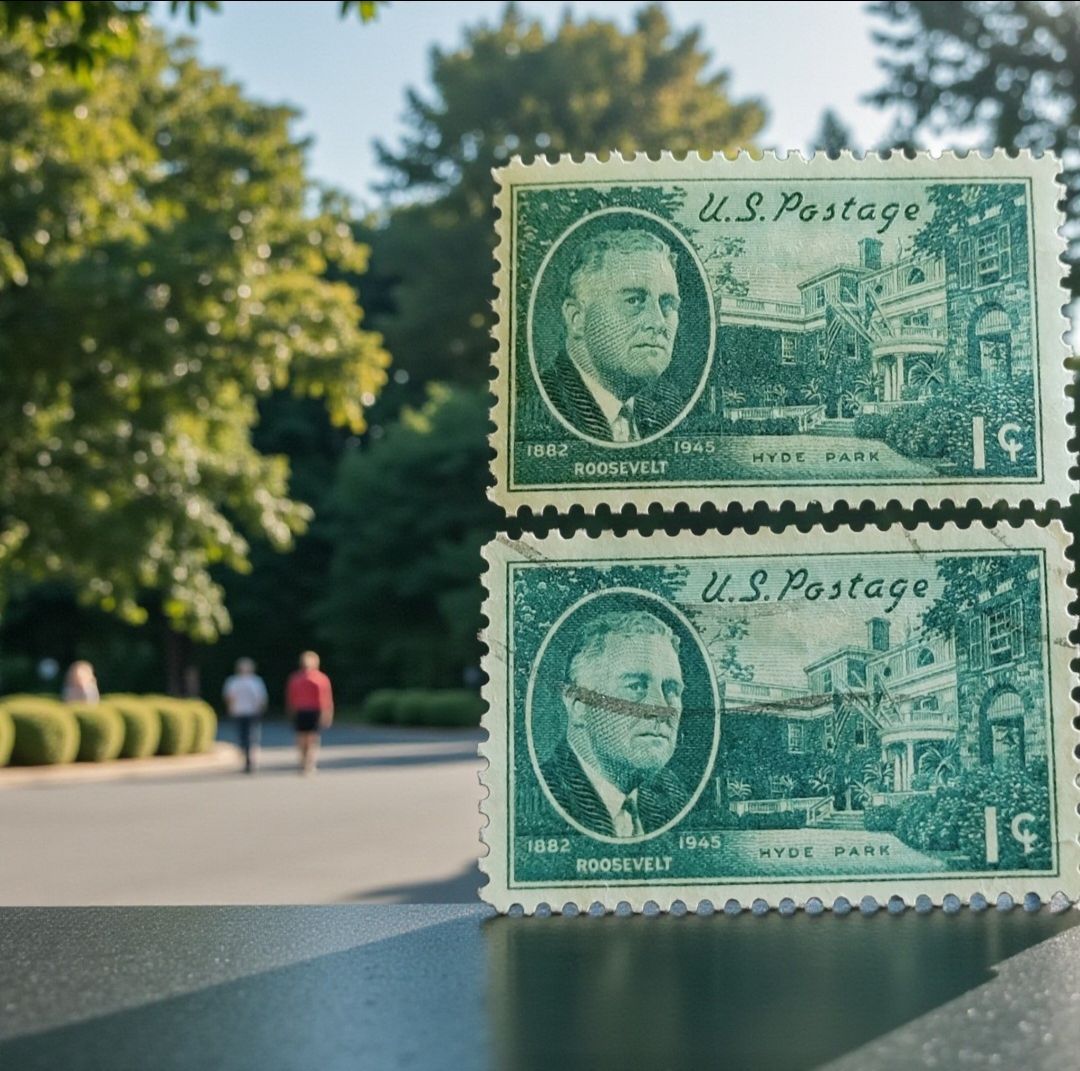 (Lot Of 2) 1945 Scott #930 Roosevelt Hyde Park Blue-green 1-cent Stamp Post Marked Canceled. The 1945 1-cent "Roosevelt and Hyde Park" stamp, also kno