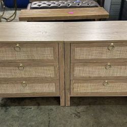 New assembled Nightstand Set 2 with Drawers - Large Rattan Bedside Table with Golden Handle, 3 Drawers Night Stand Tall End Table 26.78" Wide Side Tab