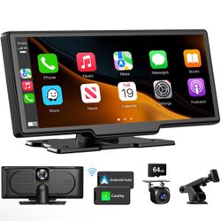 Portable Wireless CarPlay Touchscreen for Car: 4K Apple Carplay & Android Auto Car Play Screen with 4K Dash Cam/1080p Rear Camera/GPS Navigation/Bluet