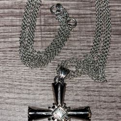 Stainless Steel 3 Layer Chain & CZ Cross Pendant Necklace 24" Long 35g