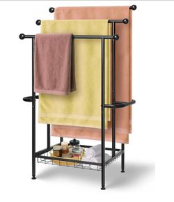 Free Standing Towel Rack for Bathroom, 3-Tier 39" H Black Metal Towel Drying Rack with Storage Basket, 24.4" L x 13" W x 39" H Rust-Resistant Outdoor 