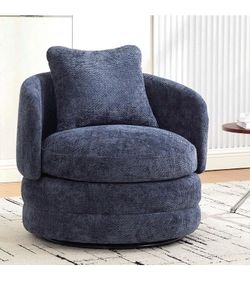 New Swivel Accent Chairs, 360° Round Swivel Barrel Chair with Pillow for Reading Room Bedroom, Navy Chenille Armchair Single Club Chair for Living Roo