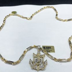 14k Gold Fígaro Rope Chain And Anchor With Diamonds 