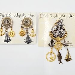 Ethel & Myrtle Nautical Post Earrings And Brooch Set With Anchor Sail Boat Helm