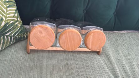 Vintage Kamenstein Countertop Canister / Spice Jar Set with a Wooden Stand